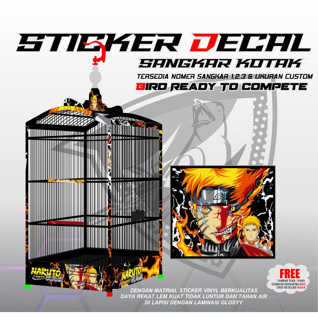 STICKER DECAL EBOD KANDANG BURUNG TEBOK SANGKAR KOTAK NO.1.2.3 MOTIF NARUTO KEREN