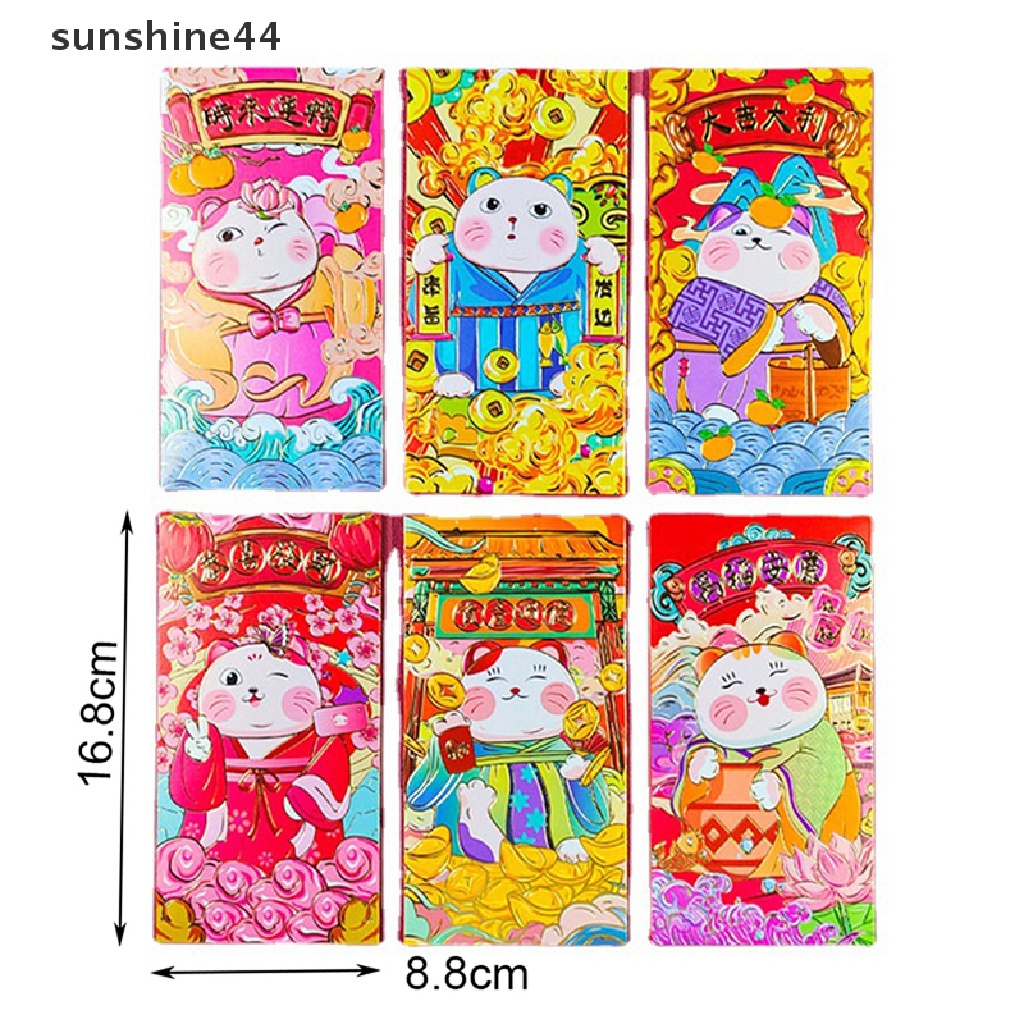 Sunshine 6Pcs 2023 Amplop Angpao Gambar Kartun Kucing Keberuntungan Warna Merah