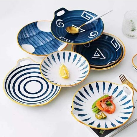 Piring Bulat Keramik Cantik Ada Pegangan Kanan Kiri - Ceramic Plate