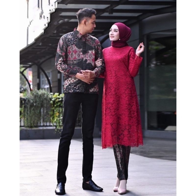 Permata Olshop / Setelan Kebaya Tunik Brukat Couple Kemeja Batik / Kebaya Couple Tunangan / Kebaya Lamaran Couple Batik / Serimbit Kebaya Modern