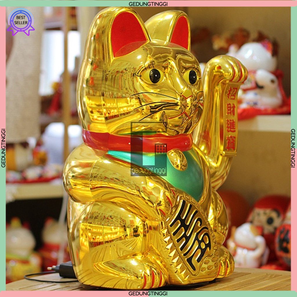 Patung Pajangan Boneka Hiasan Dekorasi Koleksi Kalung Kucing Hoki Lucky Cat Keberuntungan Maneki Neko Maneko Neki Rejeki Rezeki Cina China Jepang Tangan Goyang Gerak Jumbo Besar XL Muscle Otot Plastik Non Solar Keramik Mini Emas Gold Baterai Batre Batrai