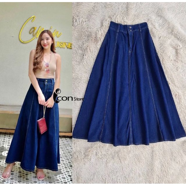 ROK JEANS MAXI SKIRT TWOTWIN A-LINE PANJANG WANITA PINGGANG HIGHWAIST OUTFIT REMAJA TERBARU | OUTFIT REMAJA OOTD KEKINIAN