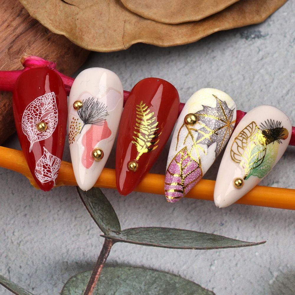 AUGUSTINA Agustin 3D Stiker Kuku Bronzing Daun Maple Wanita Perekat Diri Musim Gugur Musim Semi Kuku Seni Dekorasi