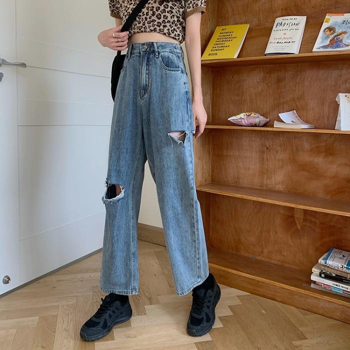 Robek-robek Highwaist Loose Kasual Jeans Wanita  Boyfriend Jeans Ukuran Jumbo