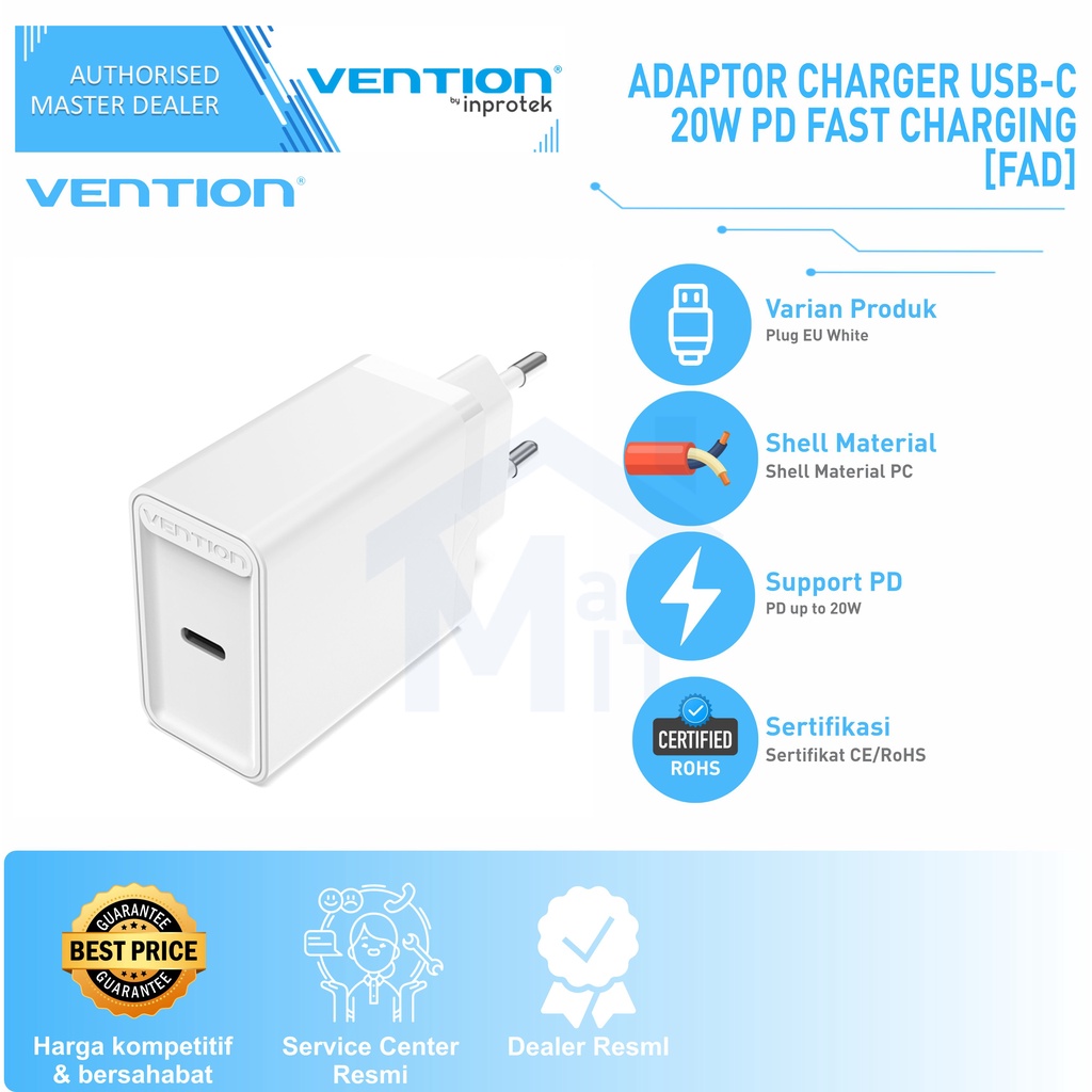 ( Bisa Cod ) Vention Adaptor Kepala Charger USB-C Type C 20W PD Fast Charging FAD