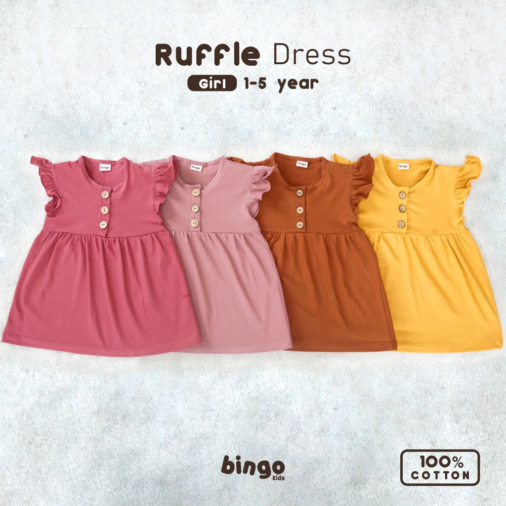 BINGOKIDS | RUFFLE DRESS / Dress Polos Ruffle Anak Balita / Gaun Polos 1-5 Tahun        Rok Dress Anak Perempuan Cewe Bahan Katun Cotton Premium Earth Tone Pink Merah Coklat Kuning Mustard Permen