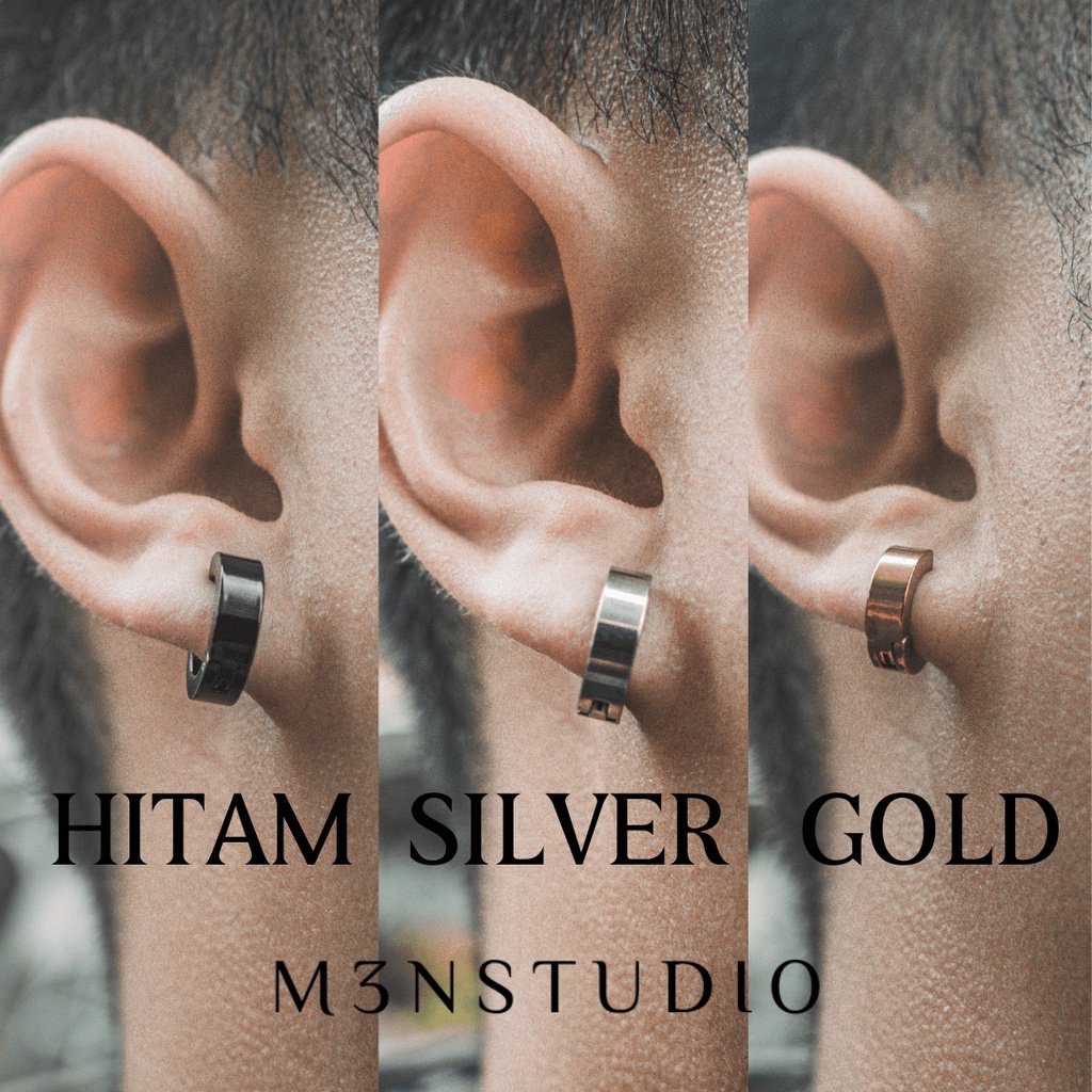 MenStudio - Anting Pria Jepit Non Tindik Cowok Anti Luntur Karat Hitam Emas Silver