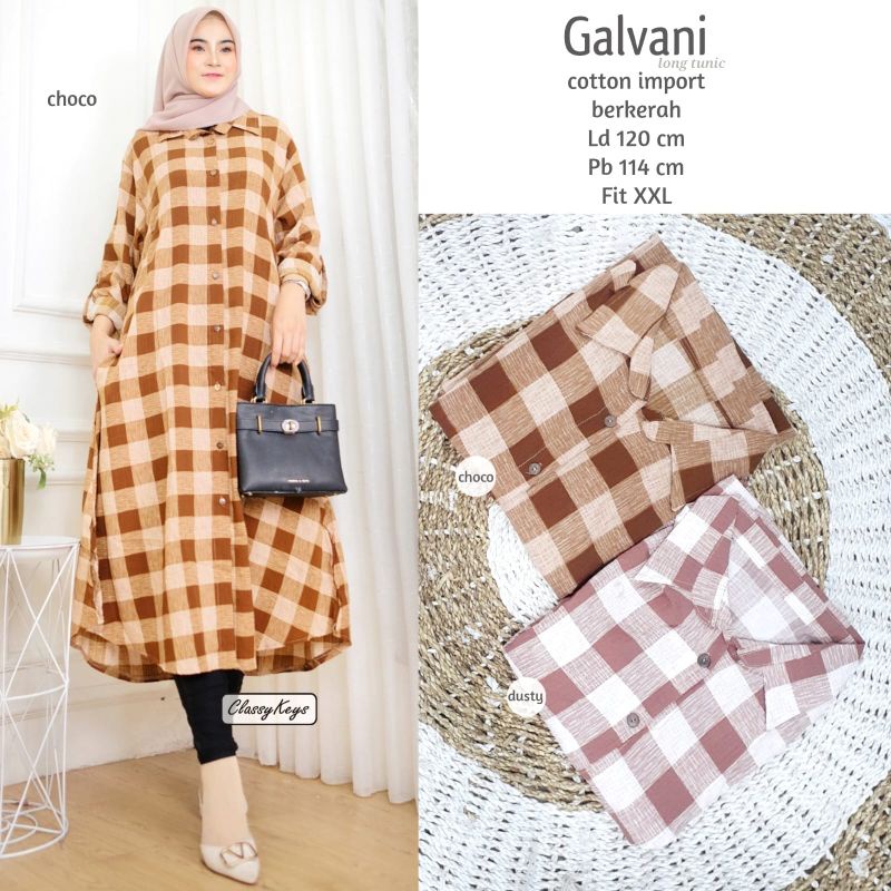 Galvani Long Tunik//Tunik Motif kotak kotak//Tunik Terbaru