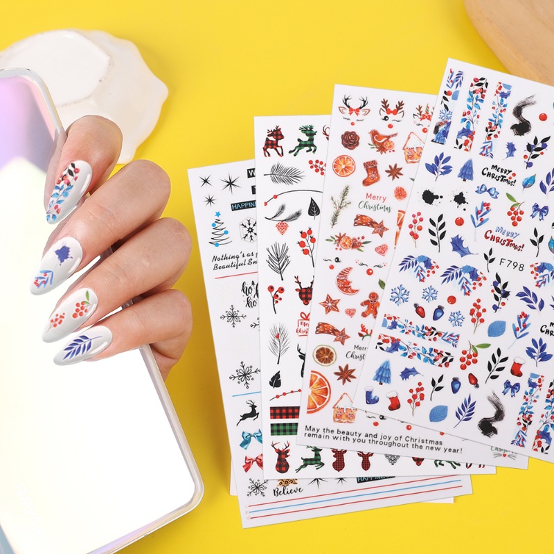 1 Lembar Stiker Kuku 3D Desain Snowflake Snowman Rusa Daun Natal Tahan Air Untuk Dekorasi Nail Art