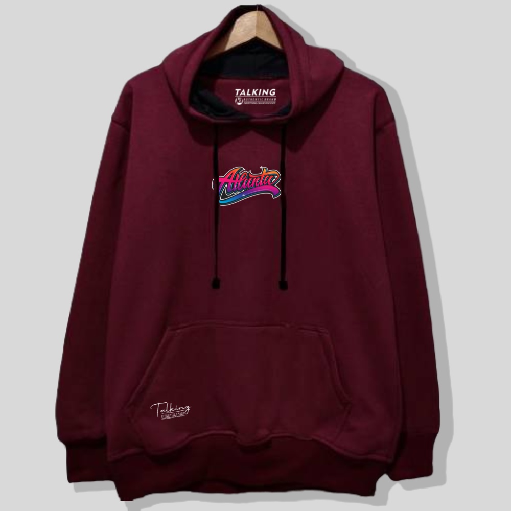 Talking Hoodie Katun Pria Wanita Sweater Tebal Motif ATLANTIC Warna Burgundy Size M L XL XXL