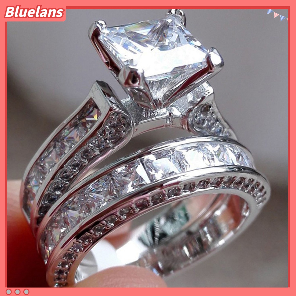 2pcs / Set Cincin Berlian Imitasi Hias Glitter Kubik Zirkonia Untuk Wanita