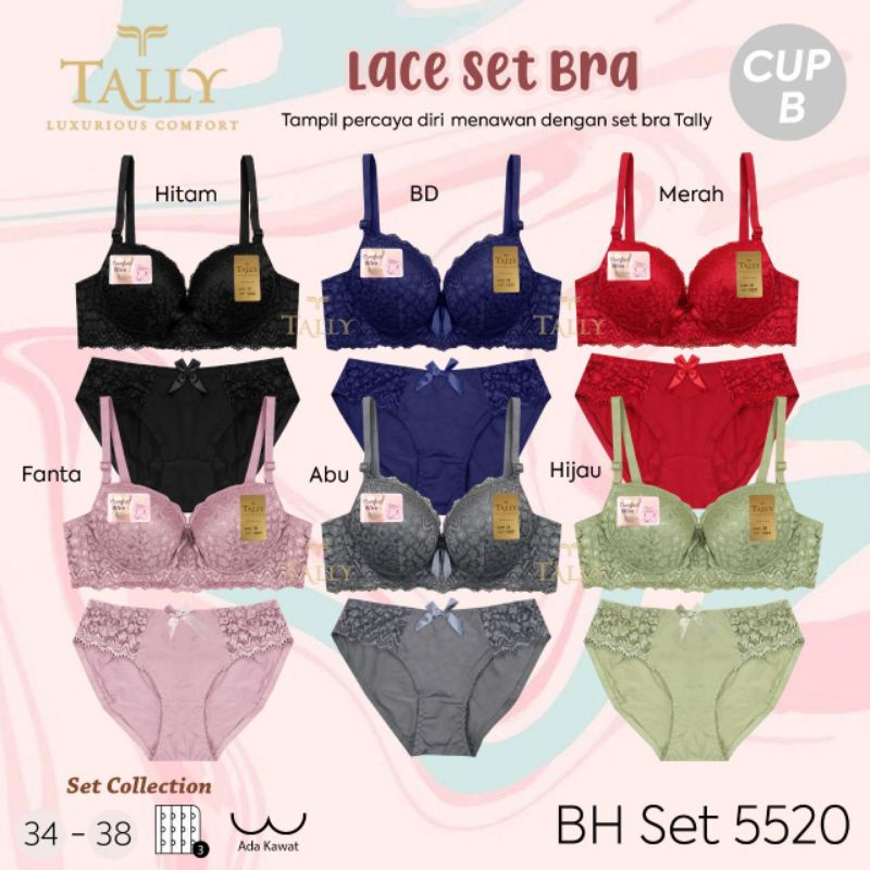 TALLY BRA BH SET CD CELANA DALAM 5520 | CUP B | ADA KAWAT | BUSA TIPIS | SIZE 34 - 38