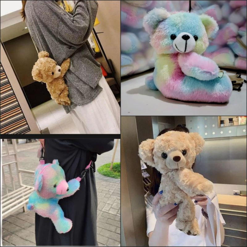 Tas Selempang BERUANG merangkul /tas boneka /tas bulu /tas selempang mini /Tas Selempang Bulu