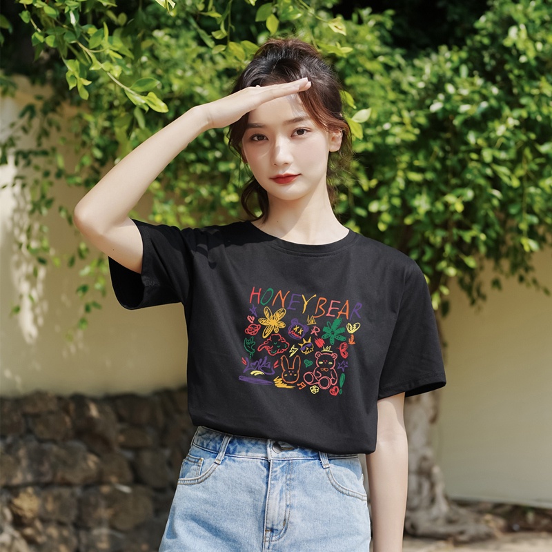 EUNII T-shirt Lengan Pendek Coretan Kartun Pencetakan Longgar Korean Style/Kaos Atasan Wanita/Baju Kaus Oversize Wanita