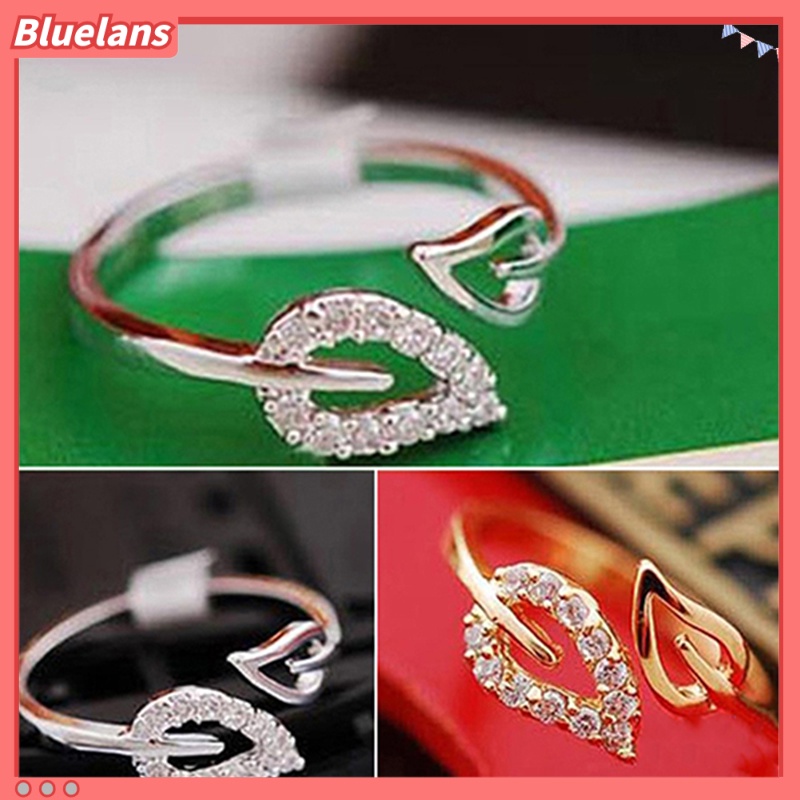 Bluelans Women Fashion Rhinestone Two Leaf Open Ring Jewelrys Party Gift