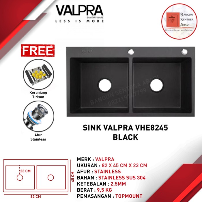 Bak Cuci Piring Stainless 2 Lubang Hitam + Kitchen Sink Valpra Black