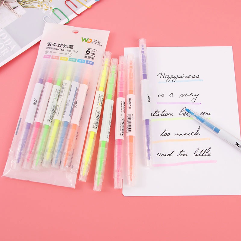 COD❤️ 6PCS Spidol Highlighter Dua Sisi Ujung Lembut Journal Marker Warna Pen Alat Tulis Replacement Stabilo