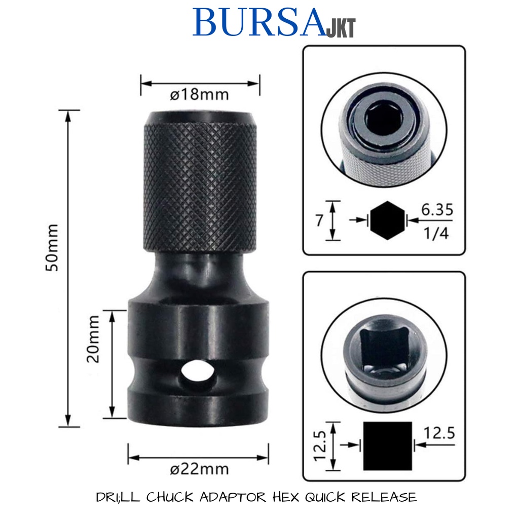 SOCKET ADAPTER TELESCOPIC KONVERTER IMPACT WRENCH KE MATA OBENG KONEKTOR BOR 1/2 SQUARE TO 1/4 HEX AUTO LOCK
