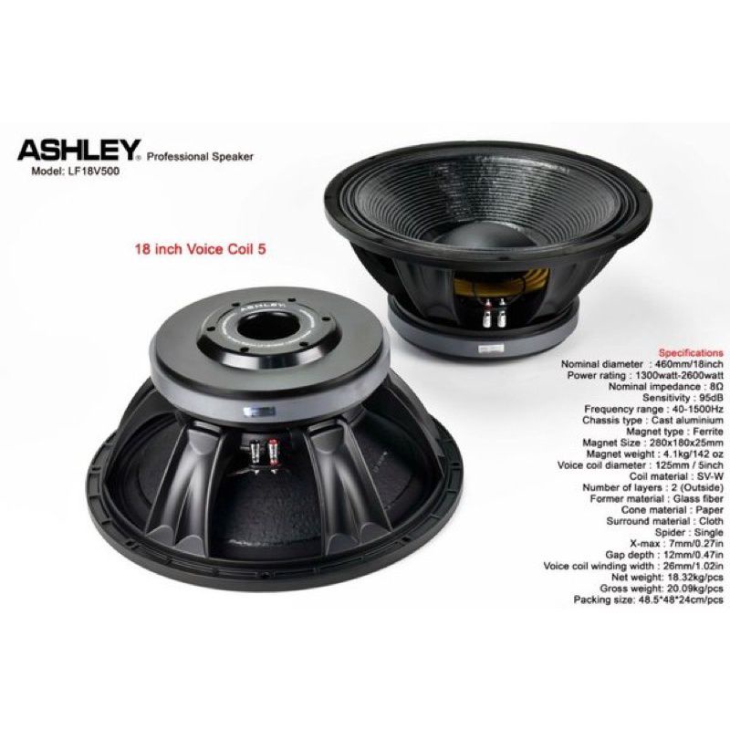 SPEAKER SUBWOOFER ASHLEY 18V500 VOICE COIL 5 INCH ORIGINAL 18 V 500