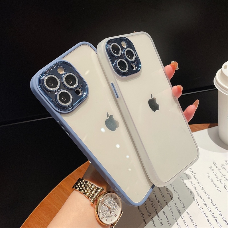 Transparent Case with Flash Drill Lens Film Compatible for iPhone 14 13 12 Pro Max Phone Case iPhone 11 Acrylic Simple Shockproof Cover