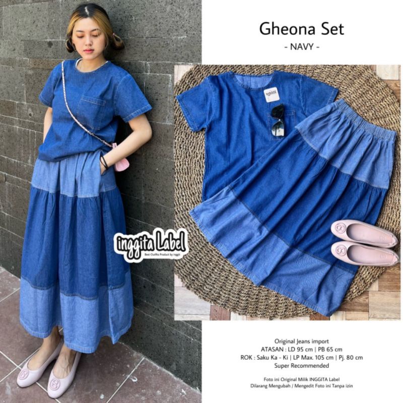 GHEONA SET BY INGGITA LABEL / ONESET JEANS WANITA / Setelan rok jeans muslimah model modern