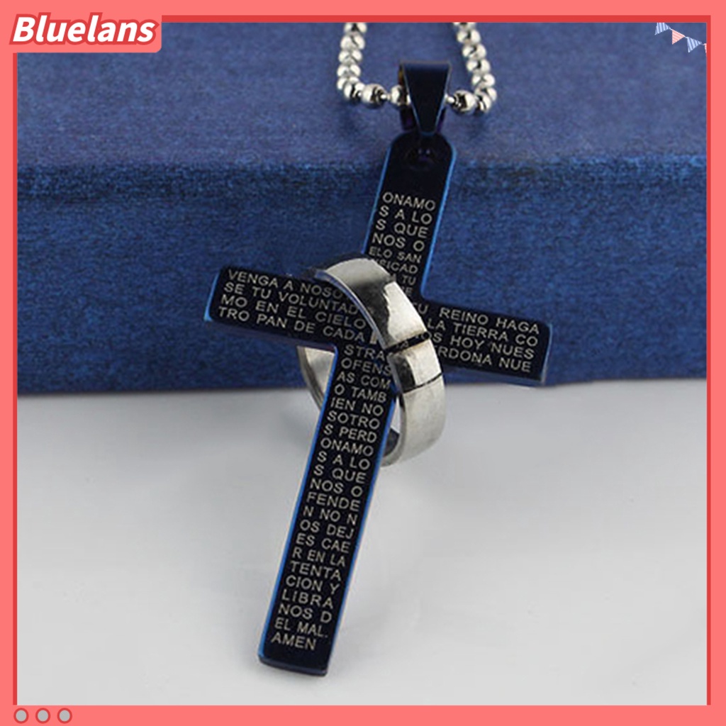 Bluelans Men Stainless Steel Prayer Cross Ring Pendant Ball Chain Punk Necklace Jewelry
