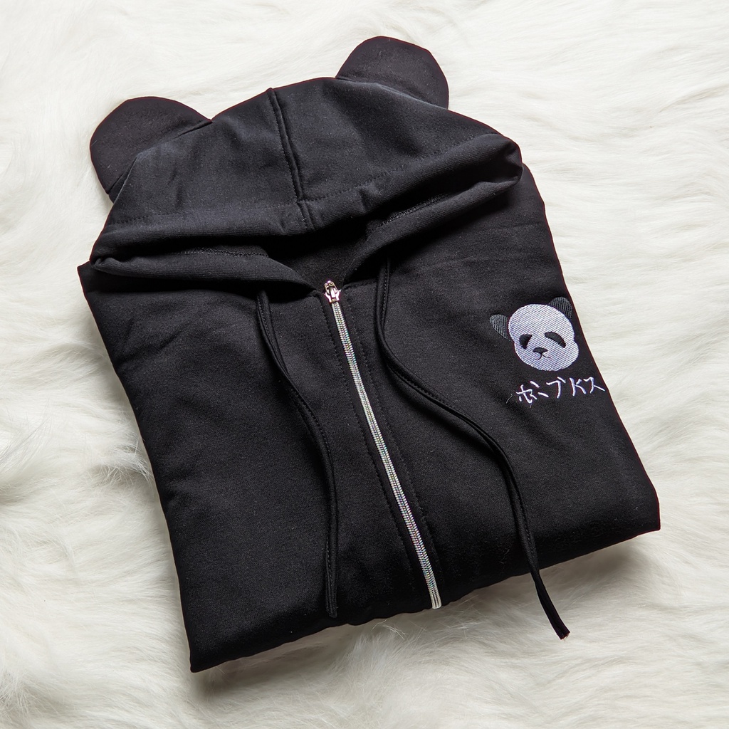 Jacket Hoodie Zipper Panda - Korean Style Cute Hodie Wanita - Bertopi &amp; Telinga - Logo Bordir - Bahan Fleece - Big Size Oversize