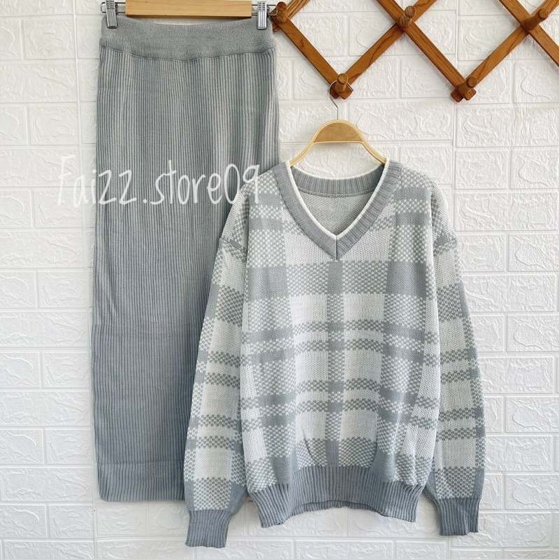 ONESET SWEATER RAJUT LIDYA TARTAN SETELAN CELANA KULOT DAN ROK