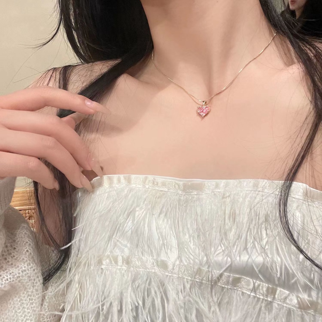 Kalung Anting Dan Cincin Bentuk Hati Bahan Zirkon Warna Pink Gaya Korea Untuk Wanita