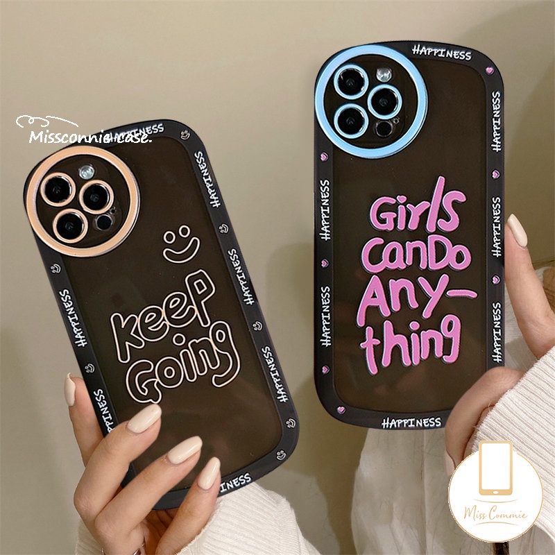 IPHONE Ins Fashion Label Huruf Telepon Case Kompatibel Untuk Iphone11 13 12 14 Pro MAX XR 6 6s 78 Plus XS MAX X SE 2020 Shockproof Airbag Lensa Bulat TPU Lembut Full Cover