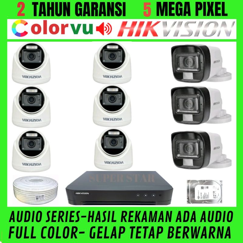 PAKET CCTV HIKVISION COLORVU 16 CHANNEL 9 KAMERA 5MP AUDIO  FULL COLOR SIANG MALAM BERWARNA