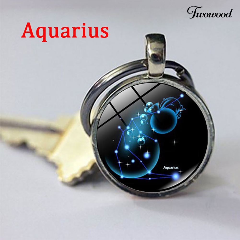 Twowood Gantungan Kunci Dengan Liontin Kaca Bulat Motif 12 Zodiak