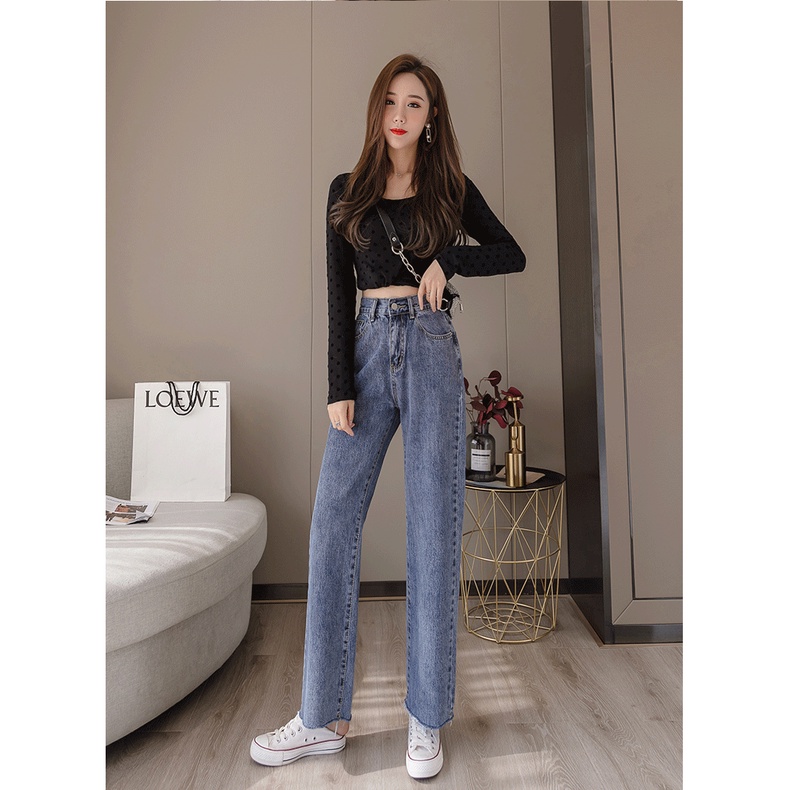 Korea Highwaist Lurus Kasual Jeans Wanita Fashionable -- 9/10 Celana