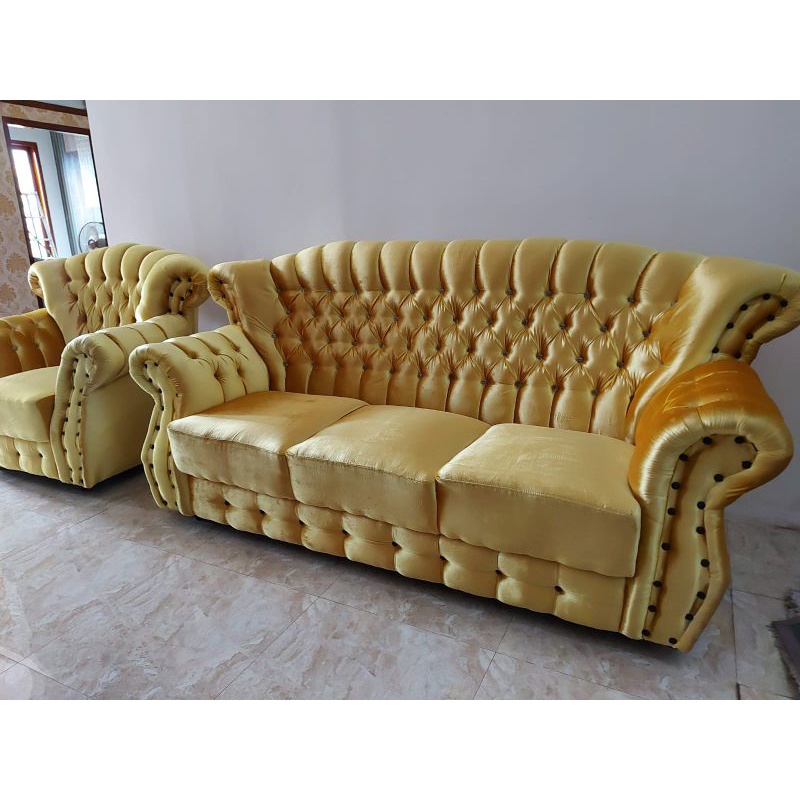 PROMO SET Sofa 321 Jaguar Gold Jumbo Bludru + Bonus Meja