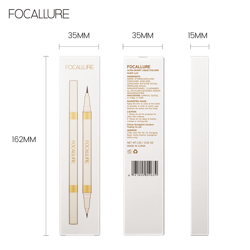 FOCALLURE AmberGold 2 IN 1 Eyeliner Anti Air Dan Tahan Lama Eyebrow Pencil Waterproof Liquid Eyeliner 2 Color Bla FA309