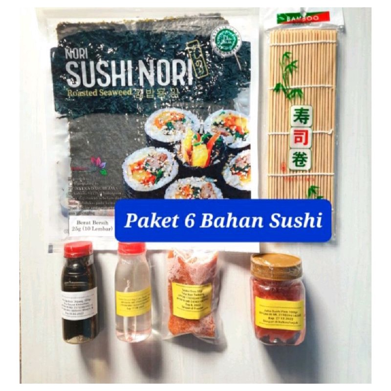 

Paket bahan Sushi Tipe 6 Nori tobiko cuka bambu shoyu jahe halal dan enak dry seaweed gari pink Promo sale
