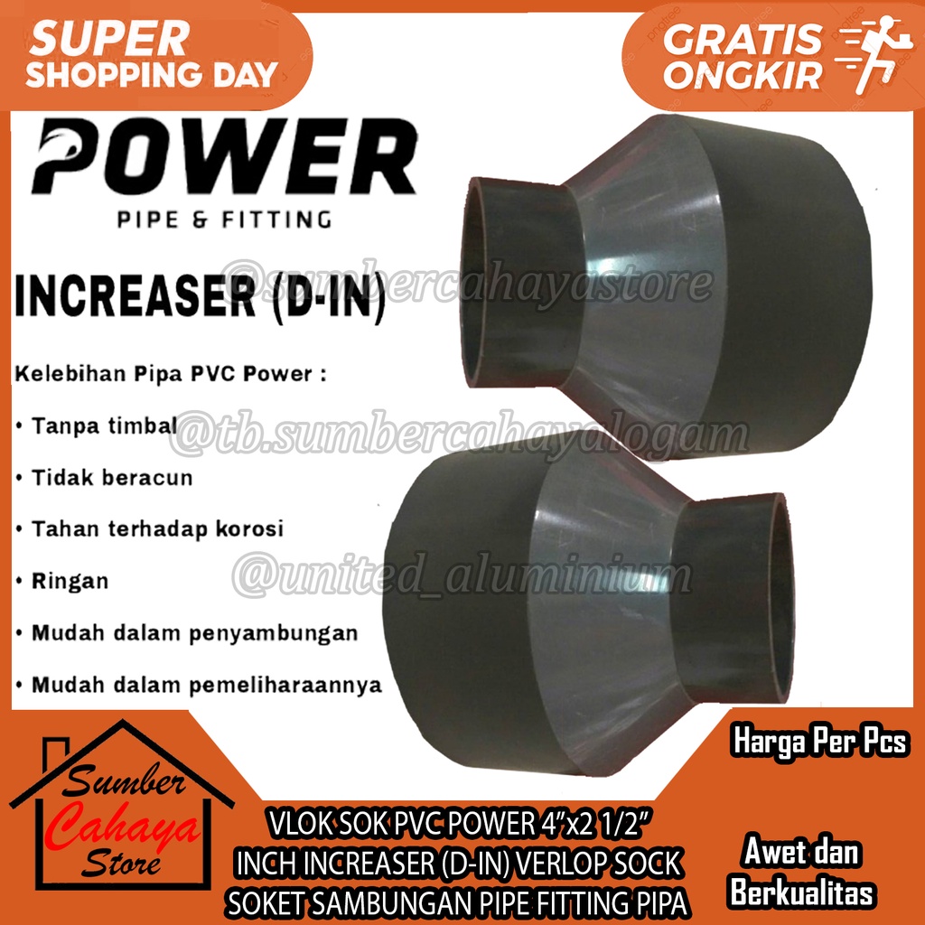 FLOKSOK FLOKSOCK VLOKSOCK VLOK SOK PVC POWER 4”x2 1/2” INCH INCREASER (D-IN) VERLOP SOCK SOKET SAMBU
