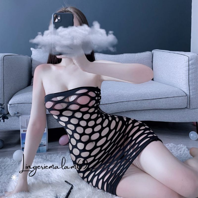 Bodysuit seksi transparan bolong hitam