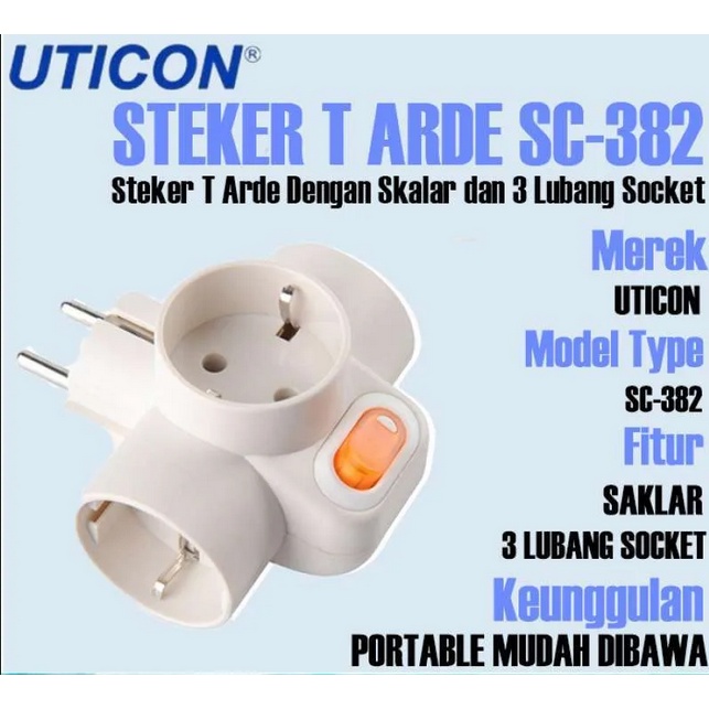 STOP KONTAK/STEKER T MULTI 3 LUBANG+SAKLAR UTICON SC-382 10A/250V