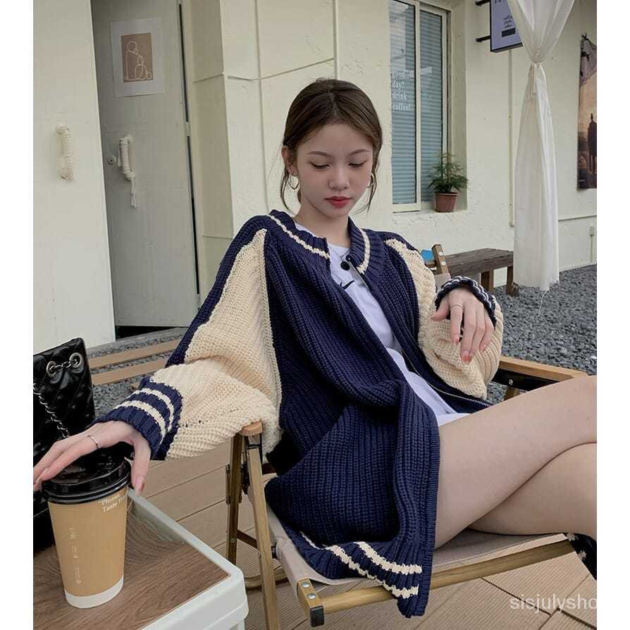 Sweater Retro Jepang Wanita Malas Musim Semi Baru Desain Niche Warna Kontras Jahitan Lengan Panjang