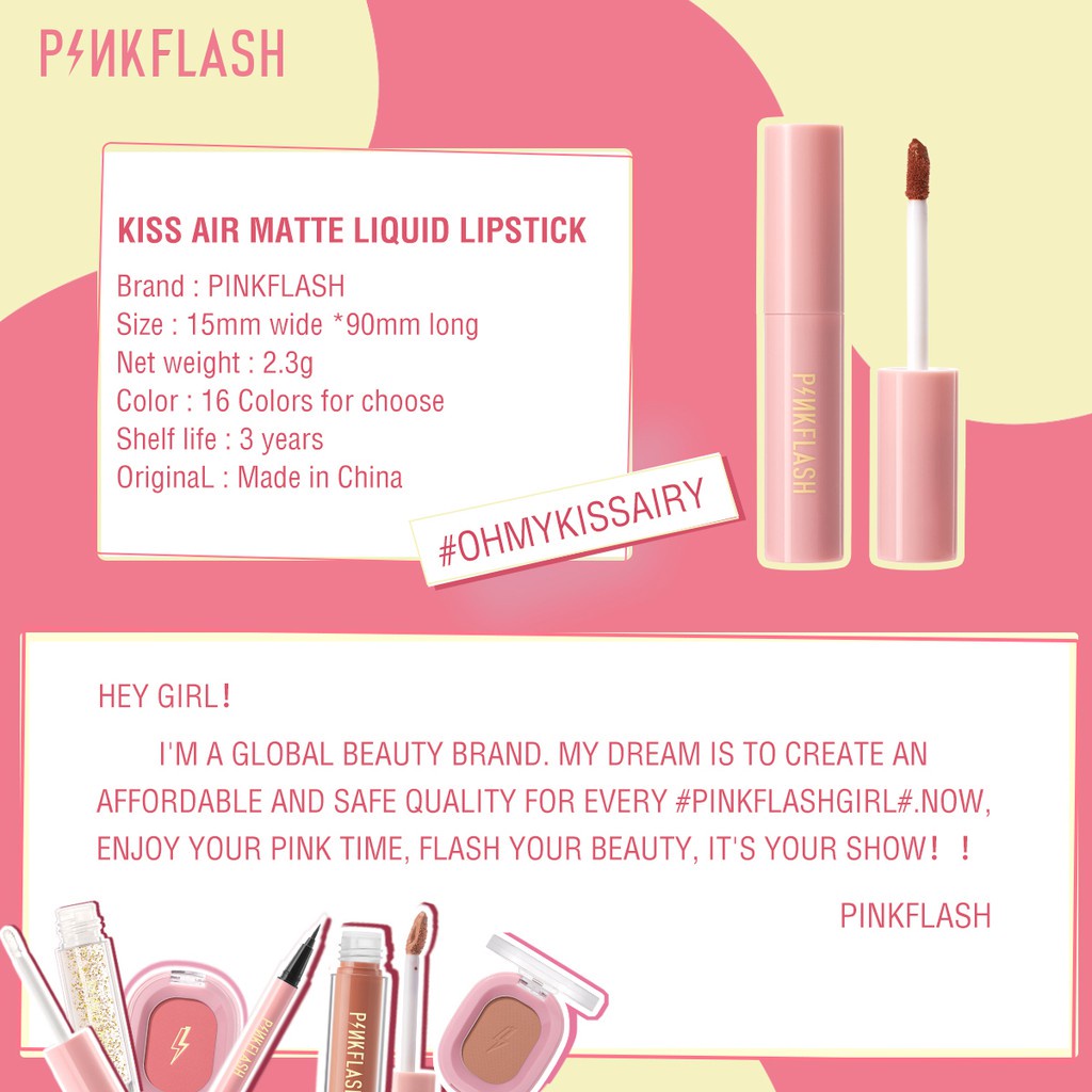 PINKFLASH Makeup Bibir Kiss Air Matte Liquid Lipstick Waterproof Lip &amp; Cheek Tint Double Use Cruel Make Up Alat Kosmetik