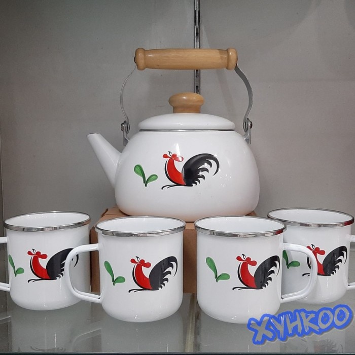 Cerek / Ceret Enamel Teko Enamel Set Ayam Jago + Cangkir Mug Enamel