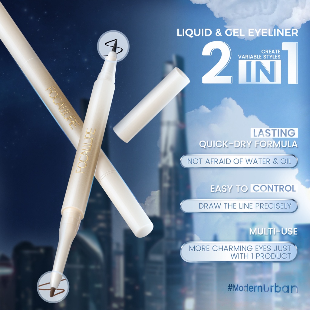 FOCALLURE #ModernUrban Eyeliner Anti Air Dan Tahan Lama 2 IN 1 Liquid  &amp; Eyebrow Pencil Gel Eyeliner 2-In-1 Long-Lasting