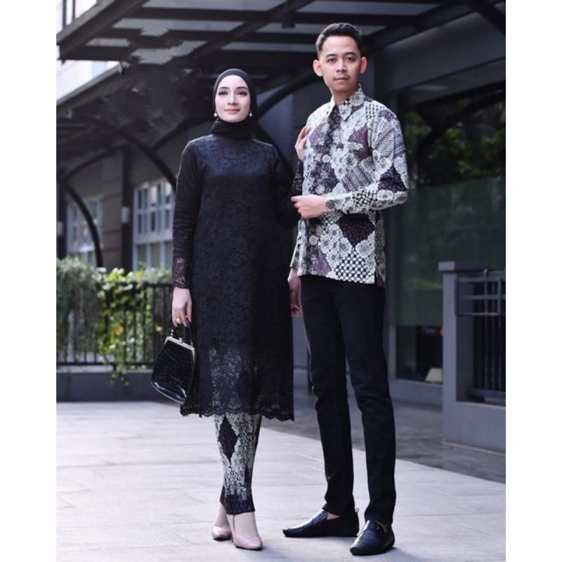 Permata Olshop / Setelan Kebaya Tunik Brukat Couple Kemeja Batik / Kebaya Couple Tunangan / Kebaya Lamaran Couple Batik / Serimbit Kebaya Modern