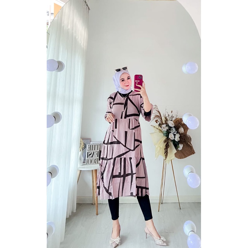 NAUREEN Midi Dress Motif Garis Terbaru Kekinian Bumil/Busui Sleting Depan