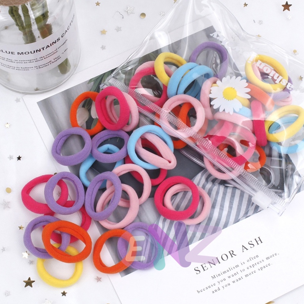 ENZ ® IKAT RAMBUT KOREA TOWEL RING SET ISI 50 PCS / IKAT RAMBUT DONUT KECIL / IKAT RAMBUT RING FREE POUCH / Kuncir Rambut Dompet Warna Warni / Kuncir Donat 1102