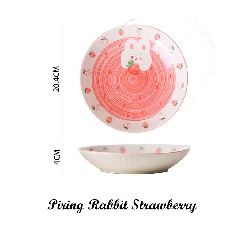 Piring/Mangkok Keramik Korea Motif Kelinci Pink Strawberry - 20cm