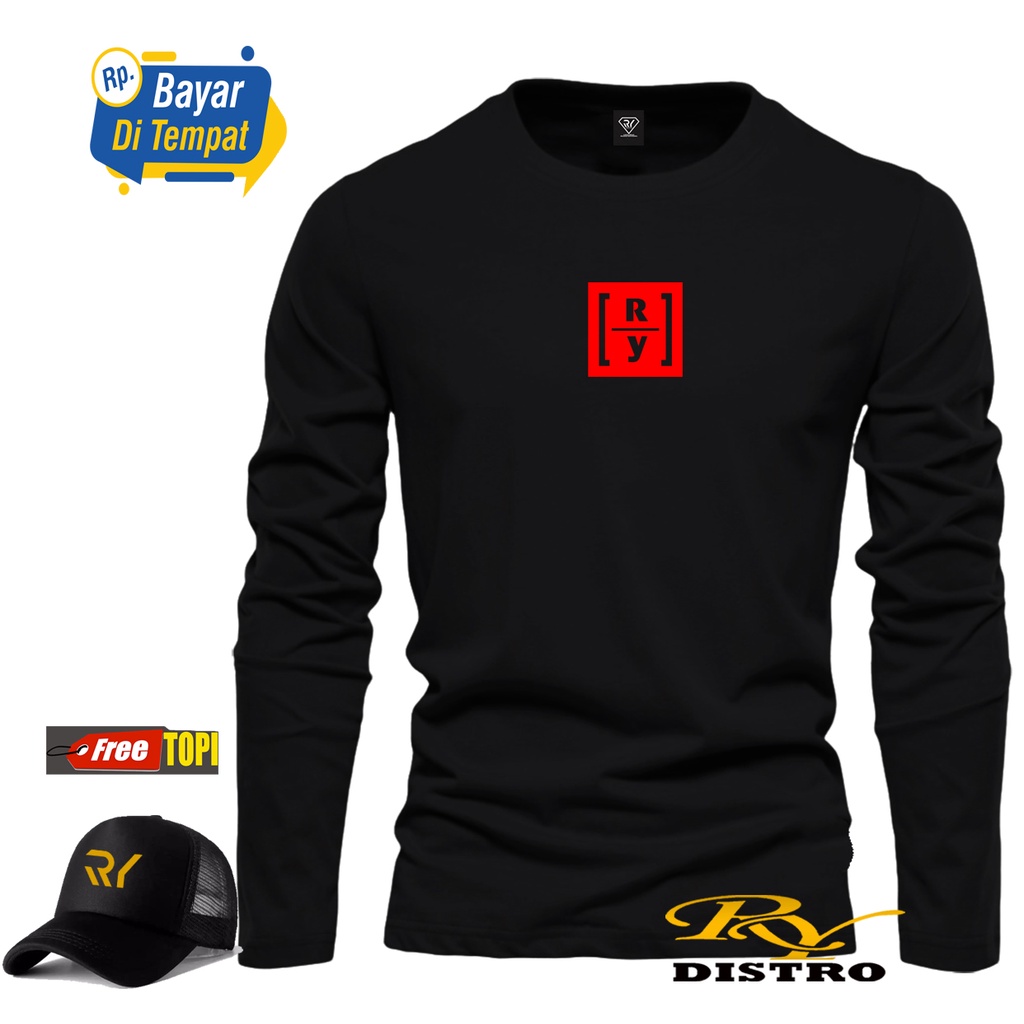 PROMO BUNUS TOPI ... Kaos Lengan Panjang RY Box Merah +Topi / Kaos Pria / Kaos Polos