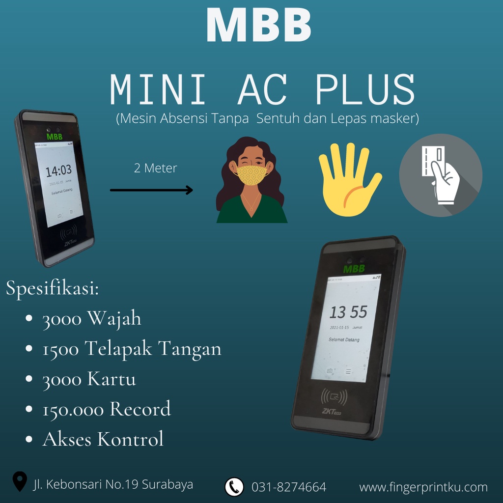 Jual Mesin Absensi Wajah MBB MINI AC PLUS Absensi Canggih Masa Pandemi Dengan Verifikasi Wajah