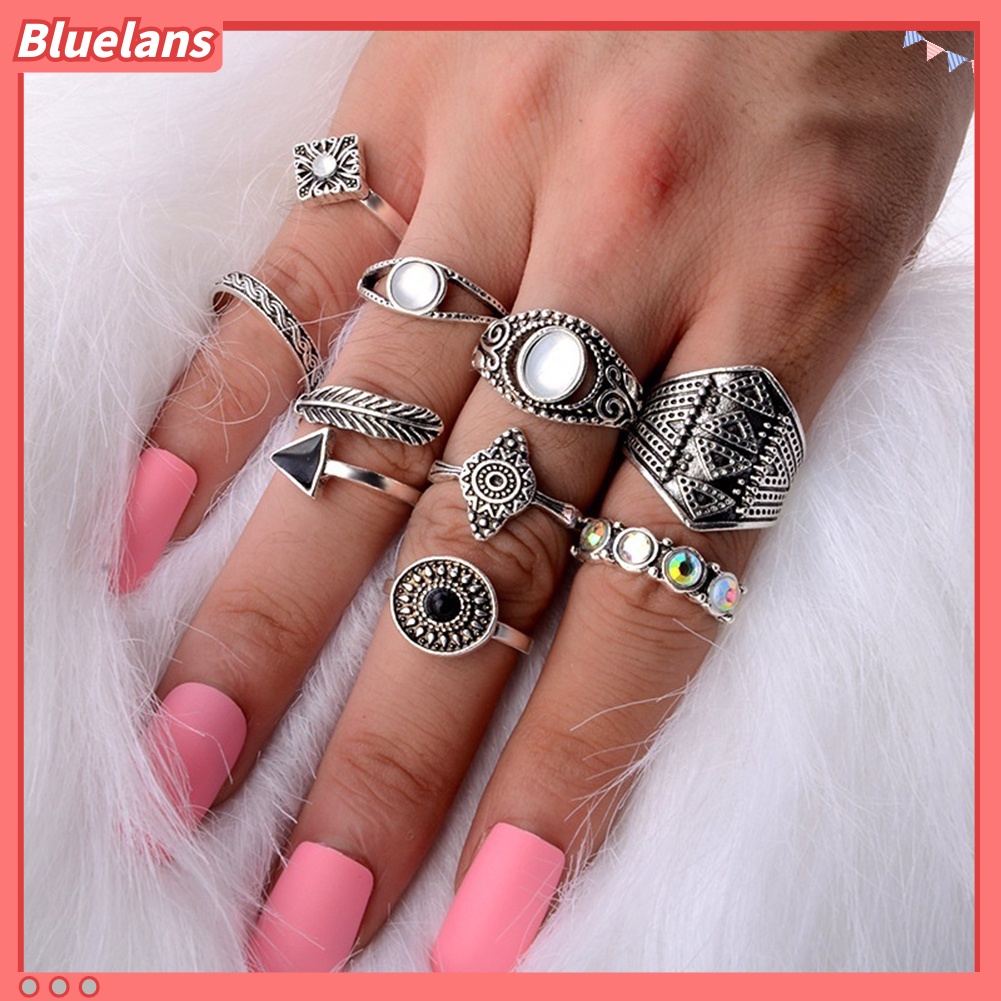 Bluelans 10Pcs Boho Women Retro Sun Feather Arrow Carved Knuckle Midi Stacking Rings